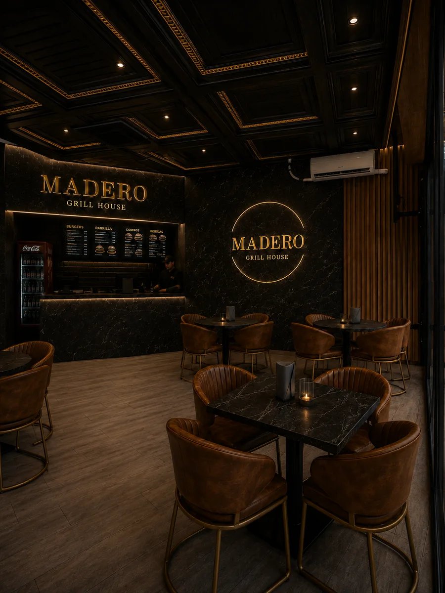 La sala de Madero: mesas, sillones y la barra al fondo