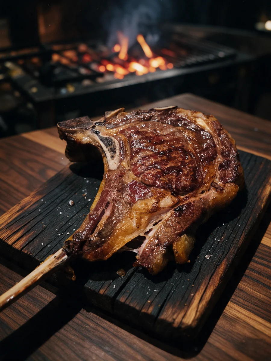 El tomahawk de Madero, recién hecho, sobre la tabla junto al fuego