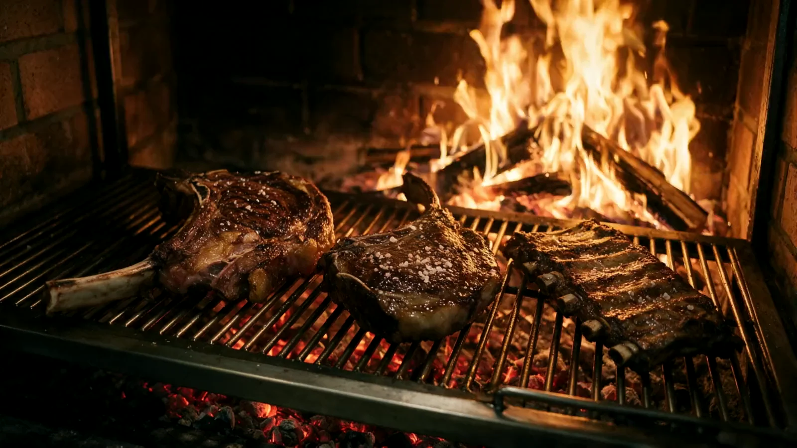 Tomahawk, chuletón y tira de asado sobre la parrilla de obra de Madero, con las brasas debajo y el fuego de leña detrás