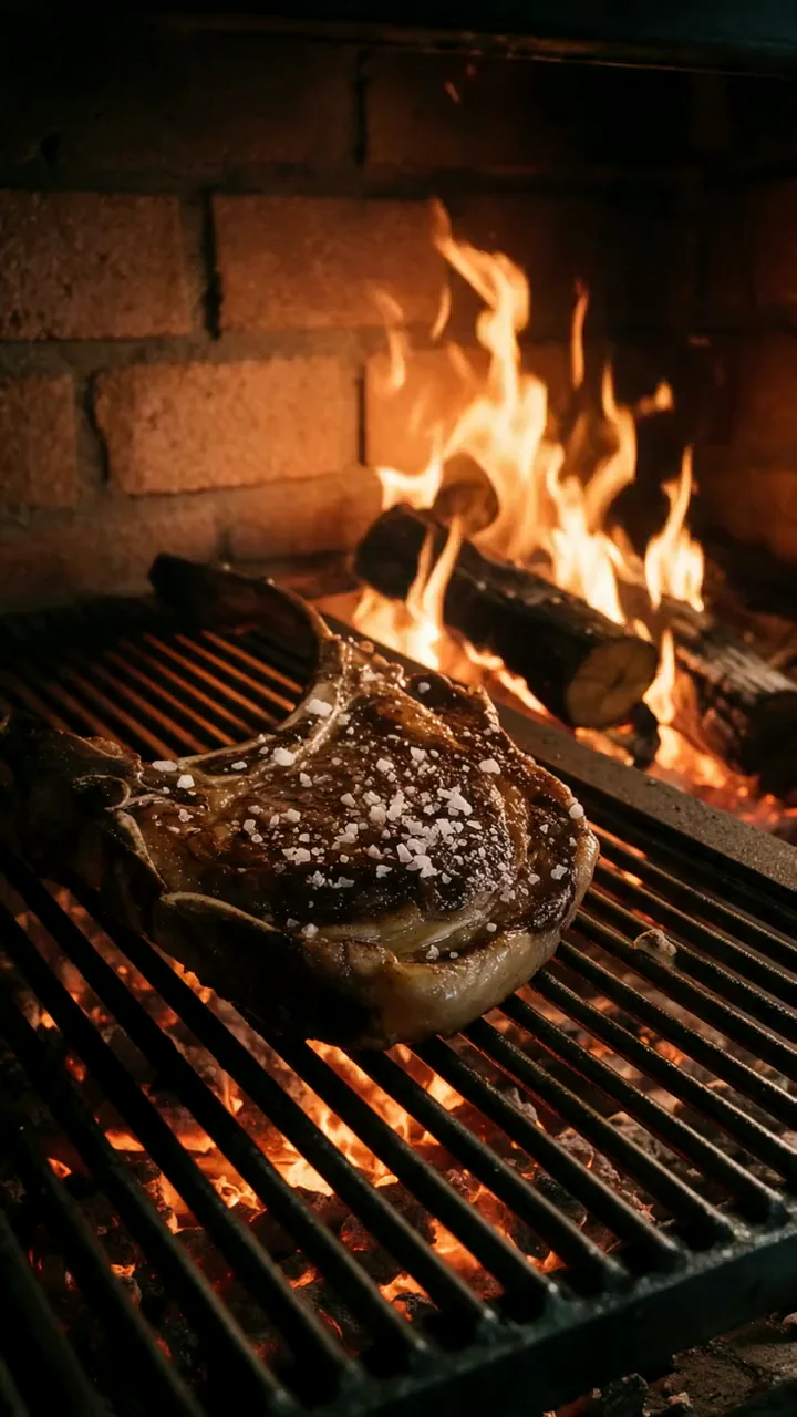 El chuletón sobre la parrilla de obra de Madero, con el fuego detrás